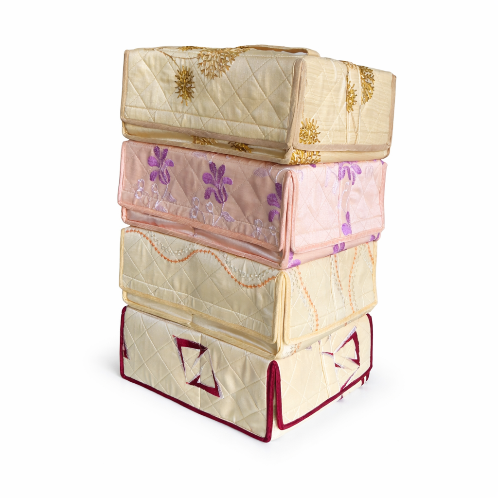 Large Jewellery Organiser with 19 Zipper Pockets | Bridal Jewellery Storage Box | Gold Floral Print on Beige Background