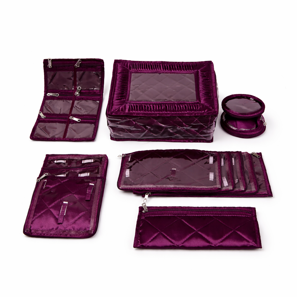 Wine Purple Jewellery Organiser – 11 Pocket Travel Kit | Quilted Design | Multipurpose Storage