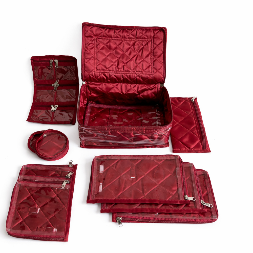 Red Satin Jewellery Organiser – 11 Detatchable Pocket Travel Kit | Multipurpose Storage