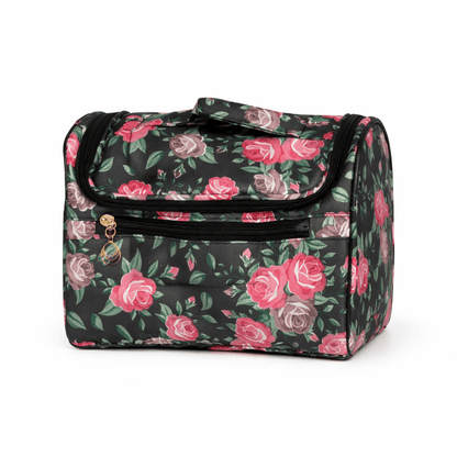 Black Floral Print Cosmetic Makeup Organiser Toiletry Bag | Travel Makeup Storage Bag with Handle