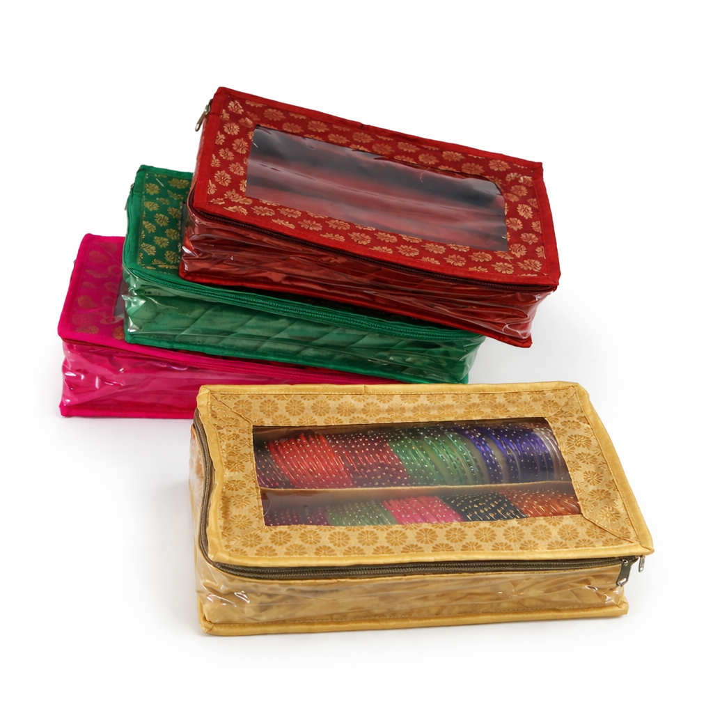 Pink Dupion Bangle Organiser – 2 Rods | Transparent Top | Travel-Friendly