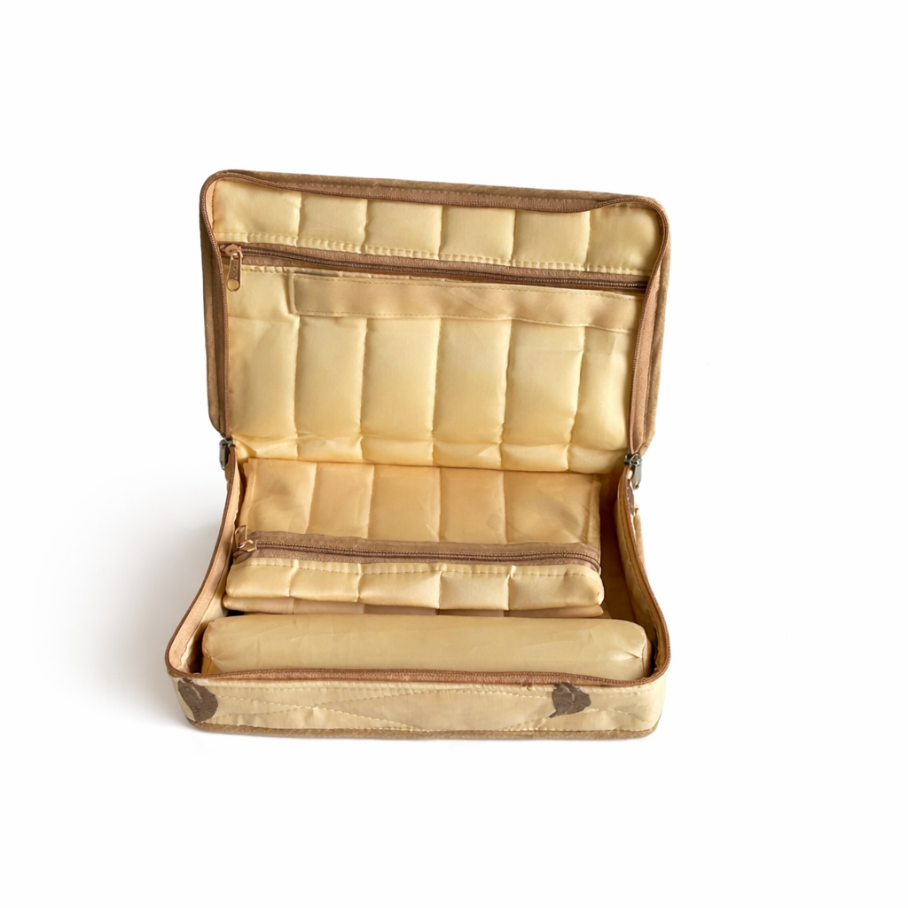 Beige Floral Jewellery Organiser – Multi-Compartment Kit with Bangle Holder | Quilted Design | Travel-Friendly