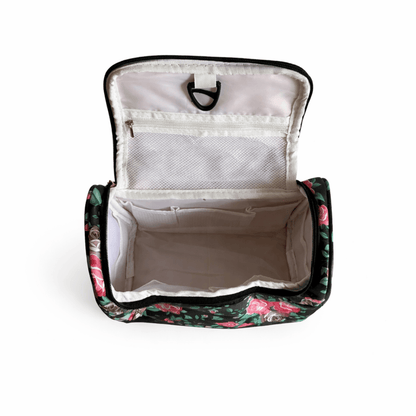 Black Floral Print Cosmetic Makeup Organiser Toiletry Bag | Travel Makeup Storage Bag with Handle