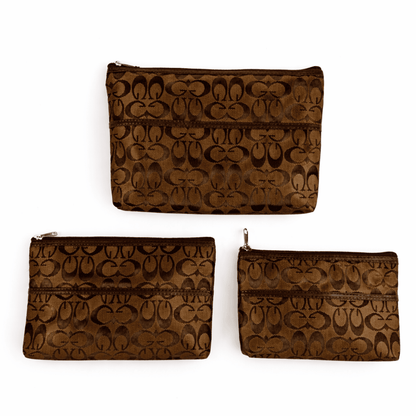 Brown Premium 3-Piece Multipurpose Pouch Set | High Quality Thick Fabric Zip Pouches for Travel, Makeup & Accessories