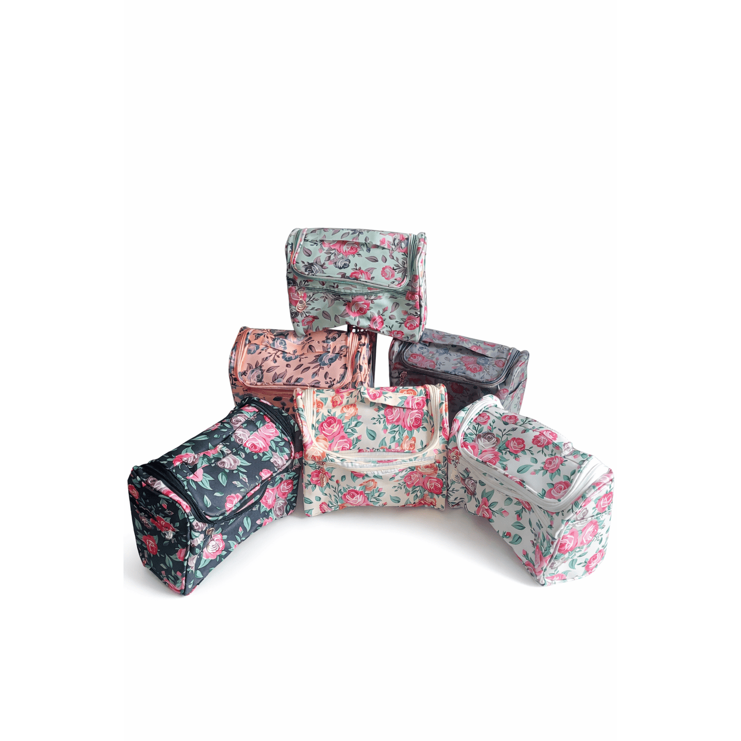 White Floral Print Cosmetic Makeup Organiser Toiletry Bag | Travel Makeup Storage Bag with Handle