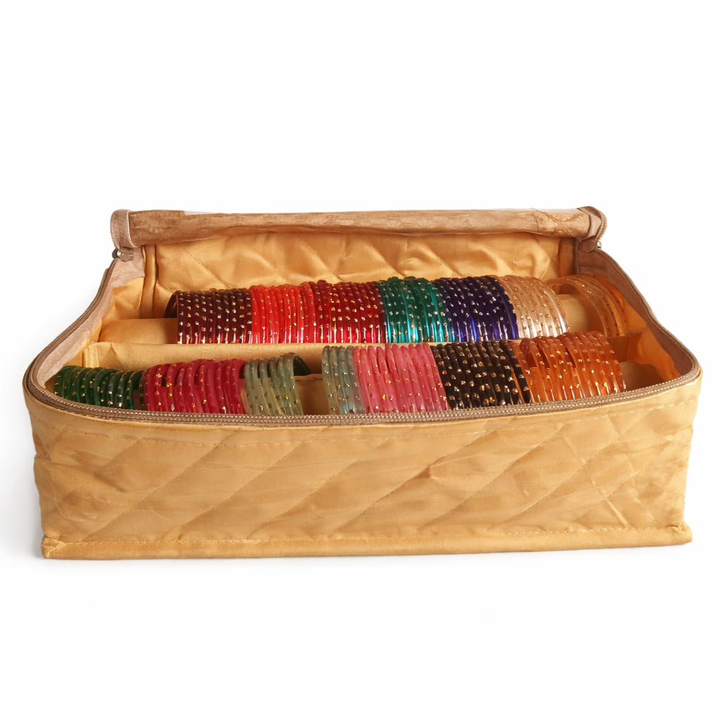 Golden Dupion Bangle Organiser – 2 Rods | Transparent Top | Travel-Friendly