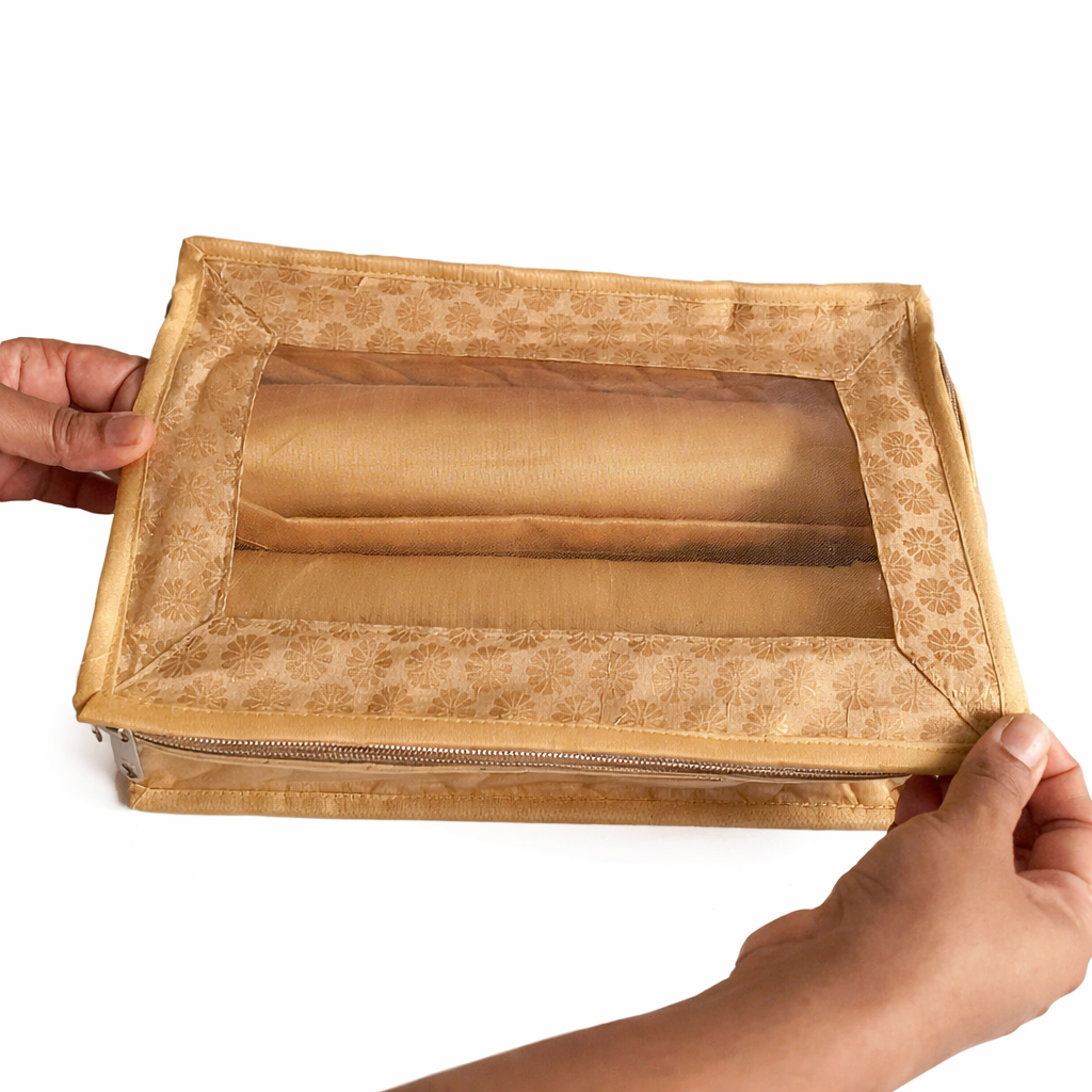 Golden Dupion Bangle Organiser – 2 Rods | Transparent Top | Travel-Friendly