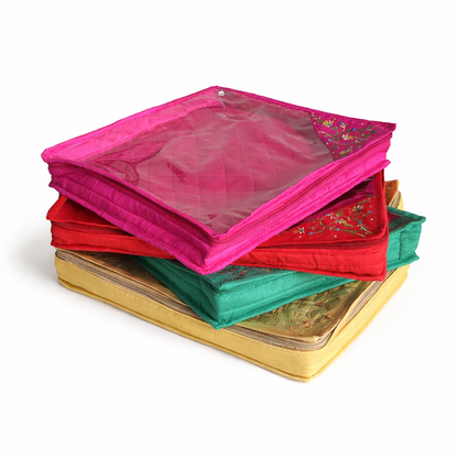 Red Embroidered Saree Cover with Zip & Transparent Window | Premium Saree Storage Organiser