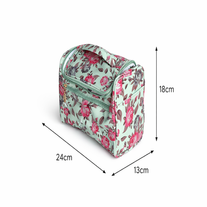 Green Floral Print Cosmetic Makeup Organiser Toiletry Bag | Travel Makeup Storage Bag with Handle