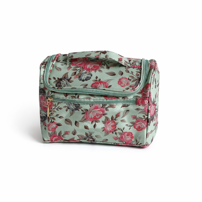 Green Floral Print Cosmetic Makeup Organiser Toiletry Bag | Travel Makeup Storage Bag with Handle