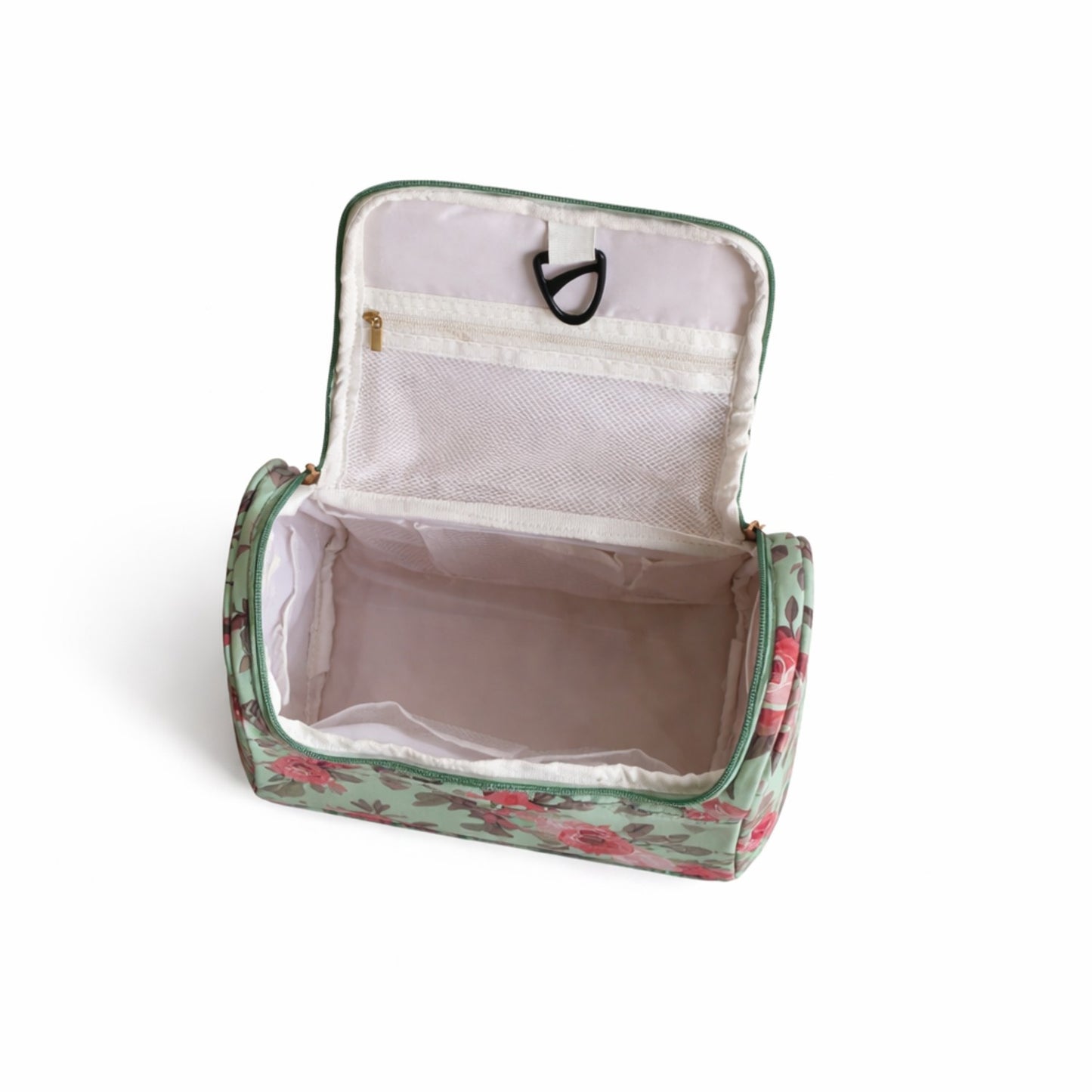 Green Floral Print Cosmetic Makeup Organiser Toiletry Bag | Travel Makeup Storage Bag with Handle