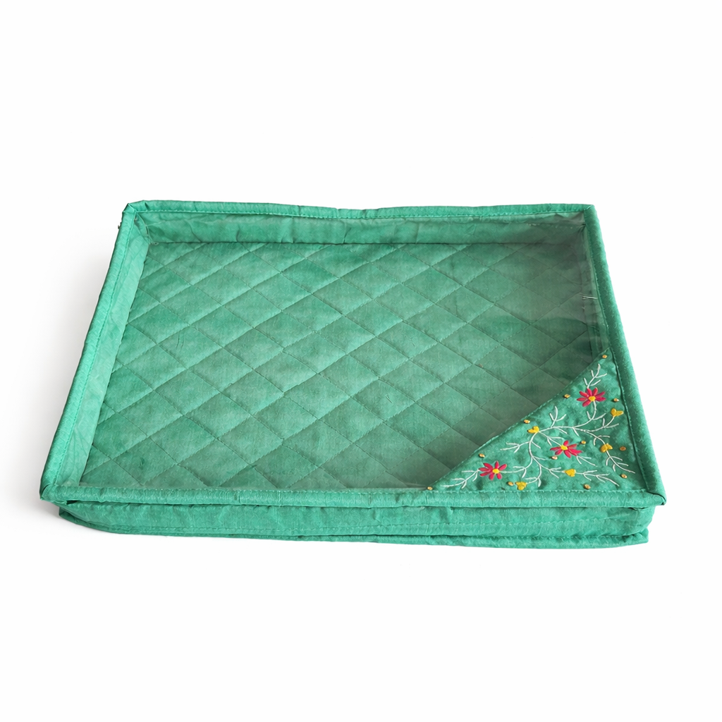 Green Embroidered Saree Cover with Zip & Transparent Window | Premium Saree Storage Organiser