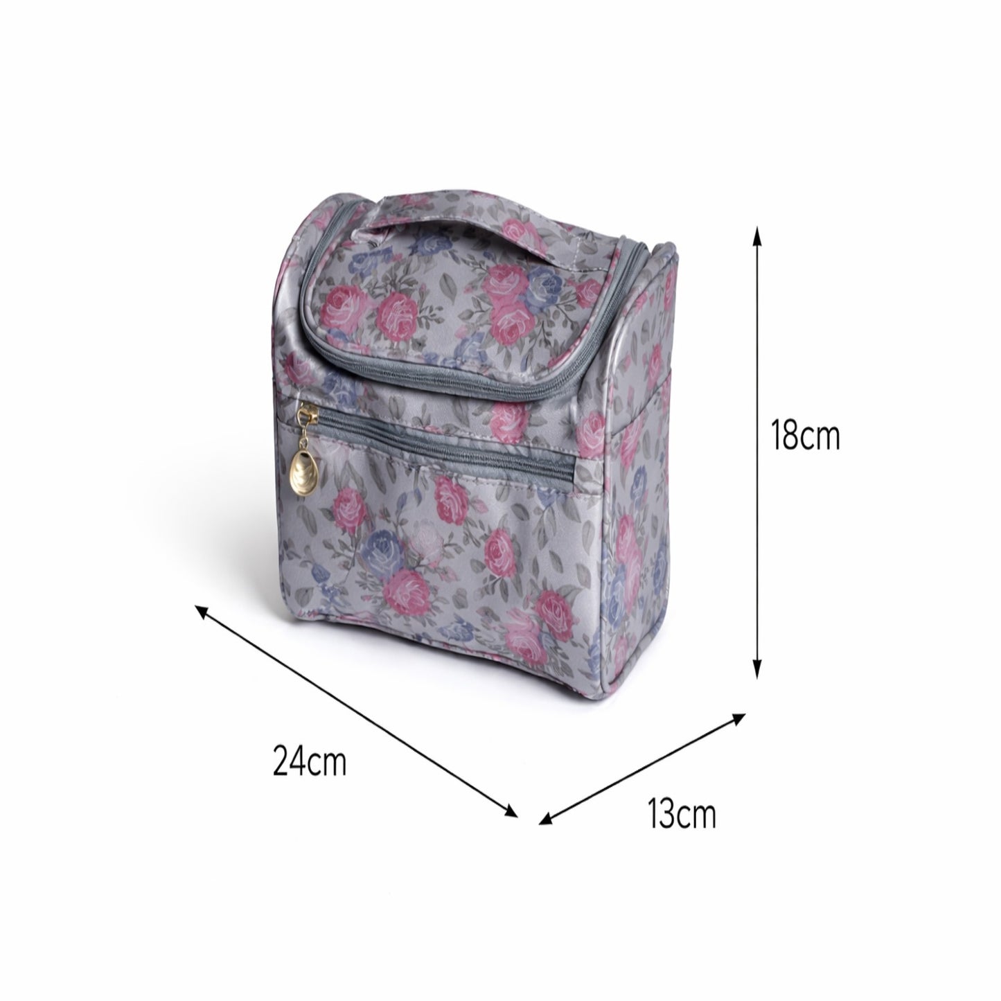 Grey Floral Print Cosmetic Makeup Organiser Toiletry Bag | Travel Makeup Storage Bag with Handle