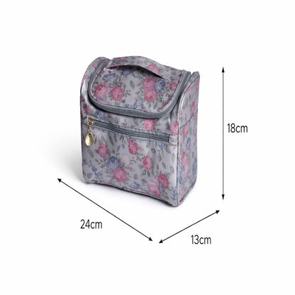 Grey Floral Print Cosmetic Makeup Organiser Toiletry Bag | Travel Makeup Storage Bag with Handle