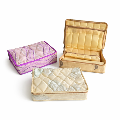 Beige Floral Jewellery Organiser – Multi-Compartment Kit with Bangle Holder | Quilted Design | Travel-Friendly