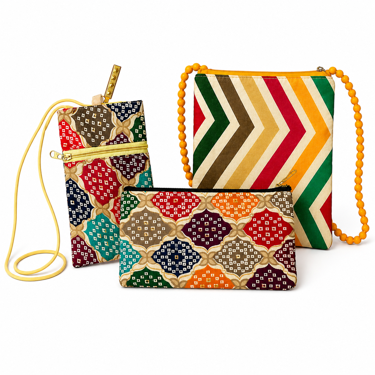 Printed Jute Everyday Essentials Combo – Sling Bag, Mobile Cover & Dual Zipper Pouch | Eco-Friendly Gift Set