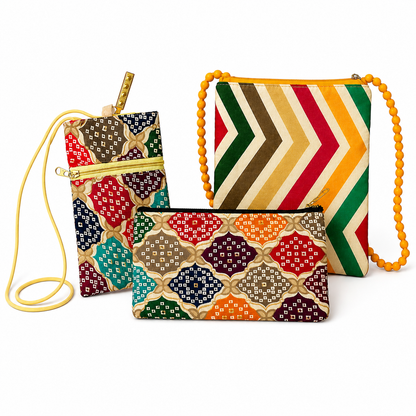 Printed Jute Everyday Essentials Combo – Sling Bag, Mobile Cover & Dual Zipper Pouch | Eco-Friendly Gift Set