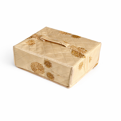 Large Jewellery Organiser with 19 Zipper Pockets | Bridal Jewellery Storage Box | Gold Floral Print on Beige Background