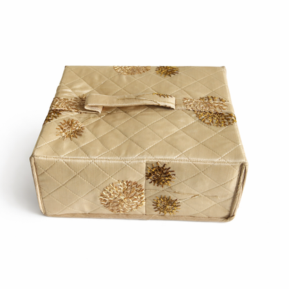 Large Jewellery Organiser with 19 Zipper Pockets | Bridal Jewellery Storage Box | Gold Floral Print on Beige Background