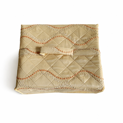 Large Jewellery Organiser with 19 Zipper Pockets | Bridal Jewellery Storage Box | Gold Print on Beige Background