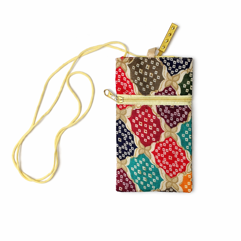 3 Pcs Printed Jute Mobile Cover with Magnetic Button & Front Zip | Sling Phone Pouch