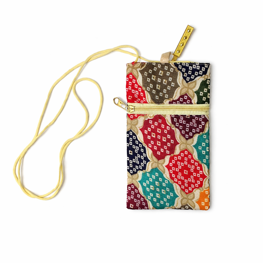Printed Jute Mobile Cover with Magnetic Button & Front Zip | Sling Phone Pouch