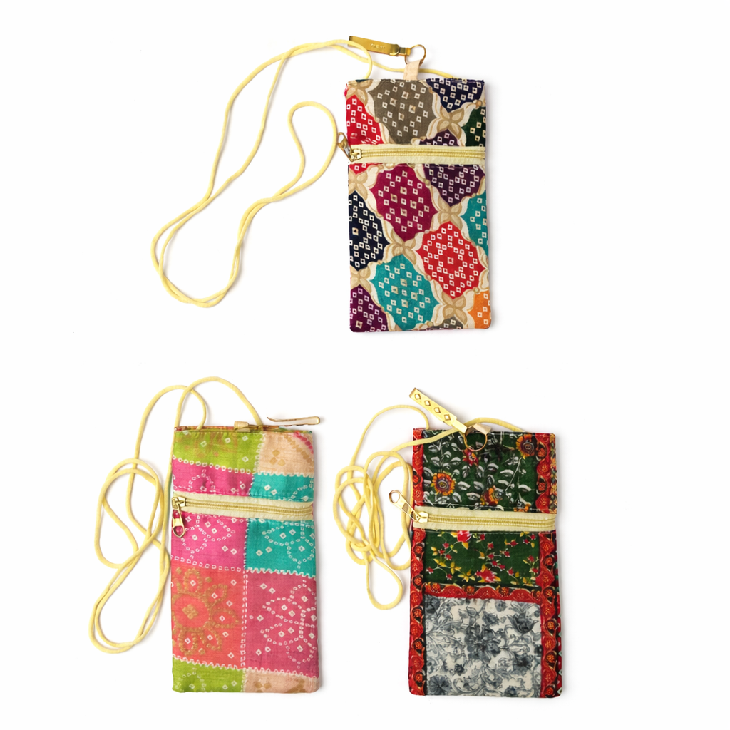 3 Pcs Printed Jute Mobile Cover with Magnetic Button & Front Zip | Sling Phone Pouch