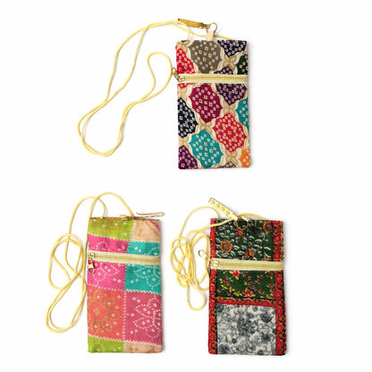 3 Pcs Printed Jute Mobile Cover with Magnetic Button & Front Zip | Sling Phone Pouch