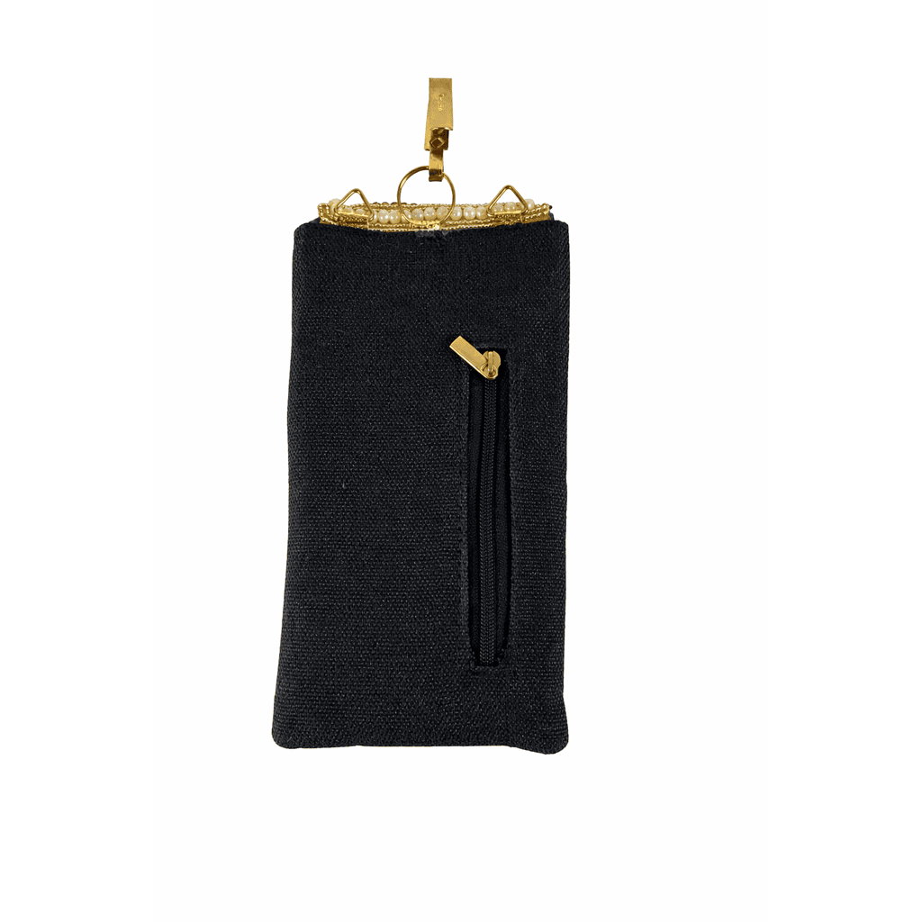 Handcrafted Jute Mobile Cover with Magnetic Button & Back Zipper | Black