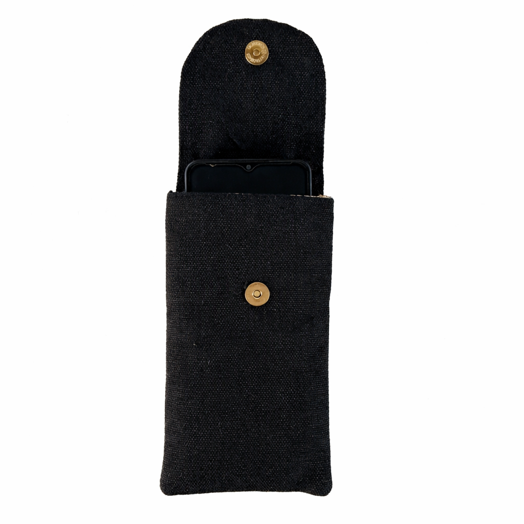 Handcrafted Jute Mobile Cover with Magnetic Button & Back Zipper | Black