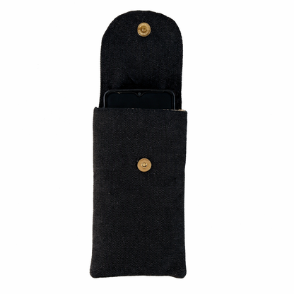 Handcrafted Jute Mobile Cover with Magnetic Button & Back Zipper | Black