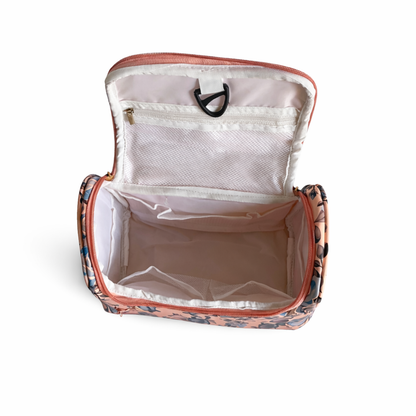 Peach Floral Print Cosmetic Makeup Organiser Toiletry Bag | Travel Makeup Storage Bag with Handle