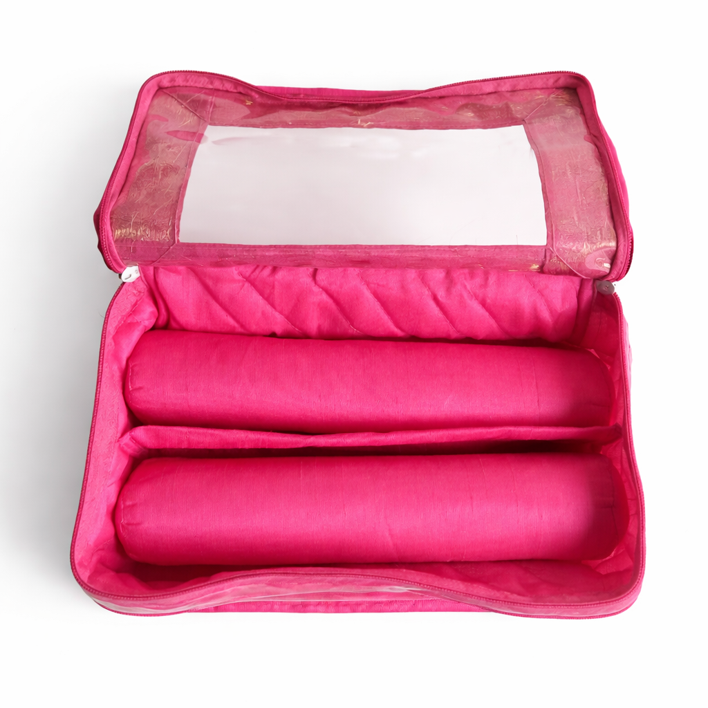 Pink Dupion Bangle Organiser – 2 Rods | Transparent Top | Travel-Friendly