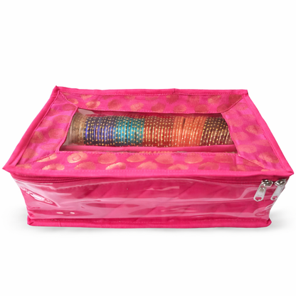 Pink Dupion Bangle Organiser – 2 Rods | Transparent Top | Travel-Friendly