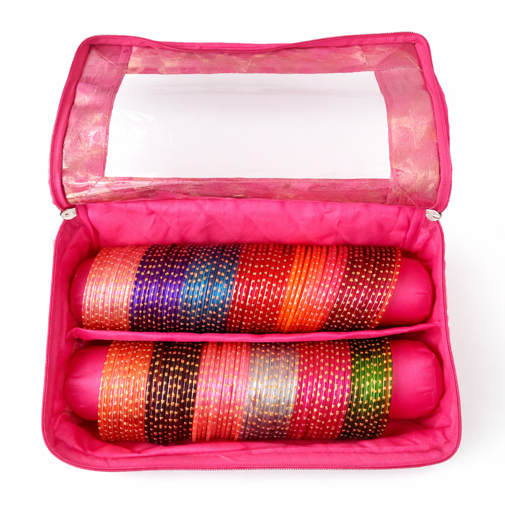 Pink Dupion Bangle Organiser – 2 Rods | Transparent Top | Travel-Friendly