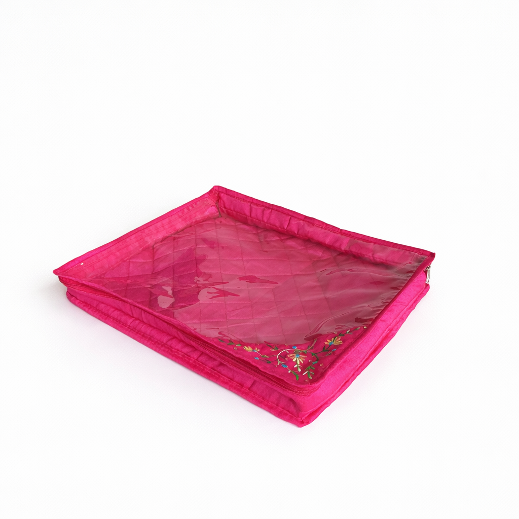 Pink Embroidered Saree Cover with Zip & Transparent Window | Premium Saree Storage Organiser