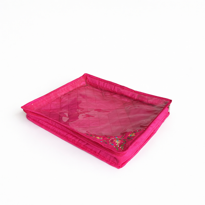 Pink Embroidered Saree Cover with Zip & Transparent Window | Premium Saree Storage Organiser
