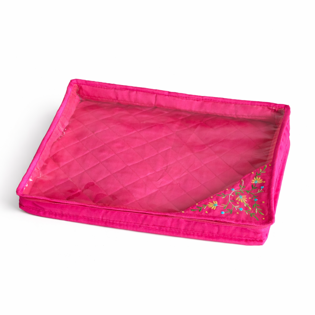 Pink Embroidered Saree Cover with Zip & Transparent Window | Premium Saree Storage Organiser