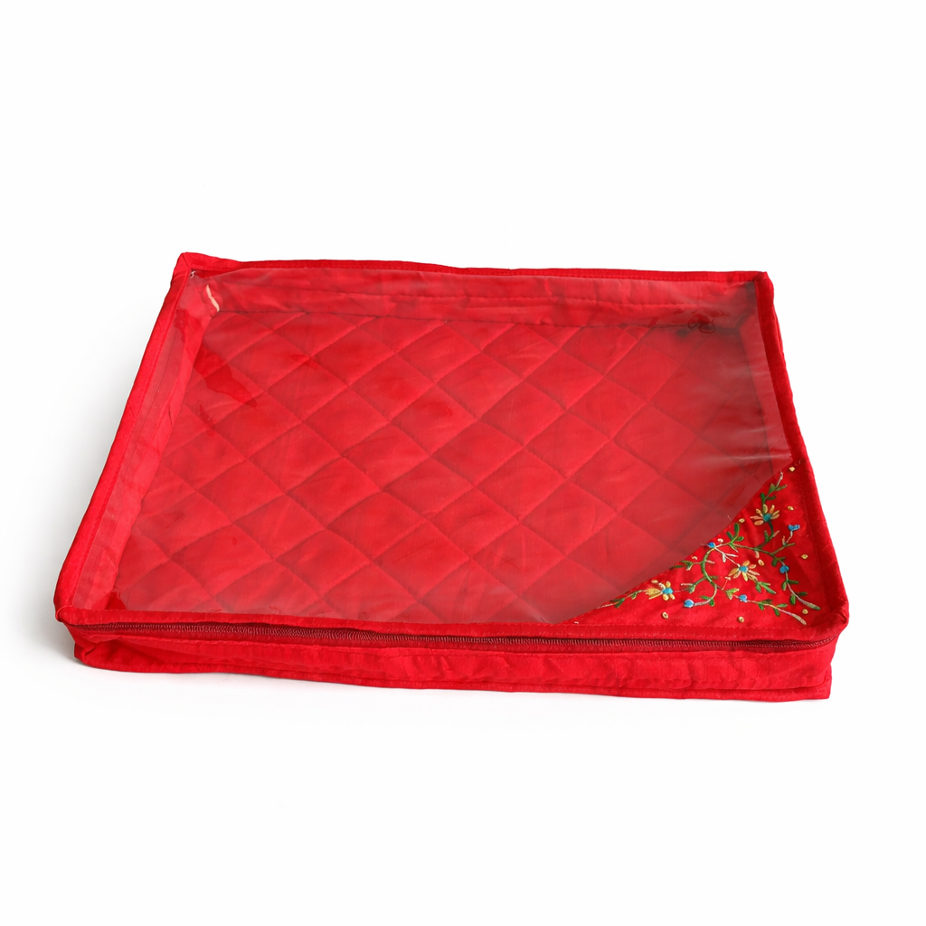 Red Embroidered Saree Cover with Zip & Transparent Window | Premium Saree Storage Organiser