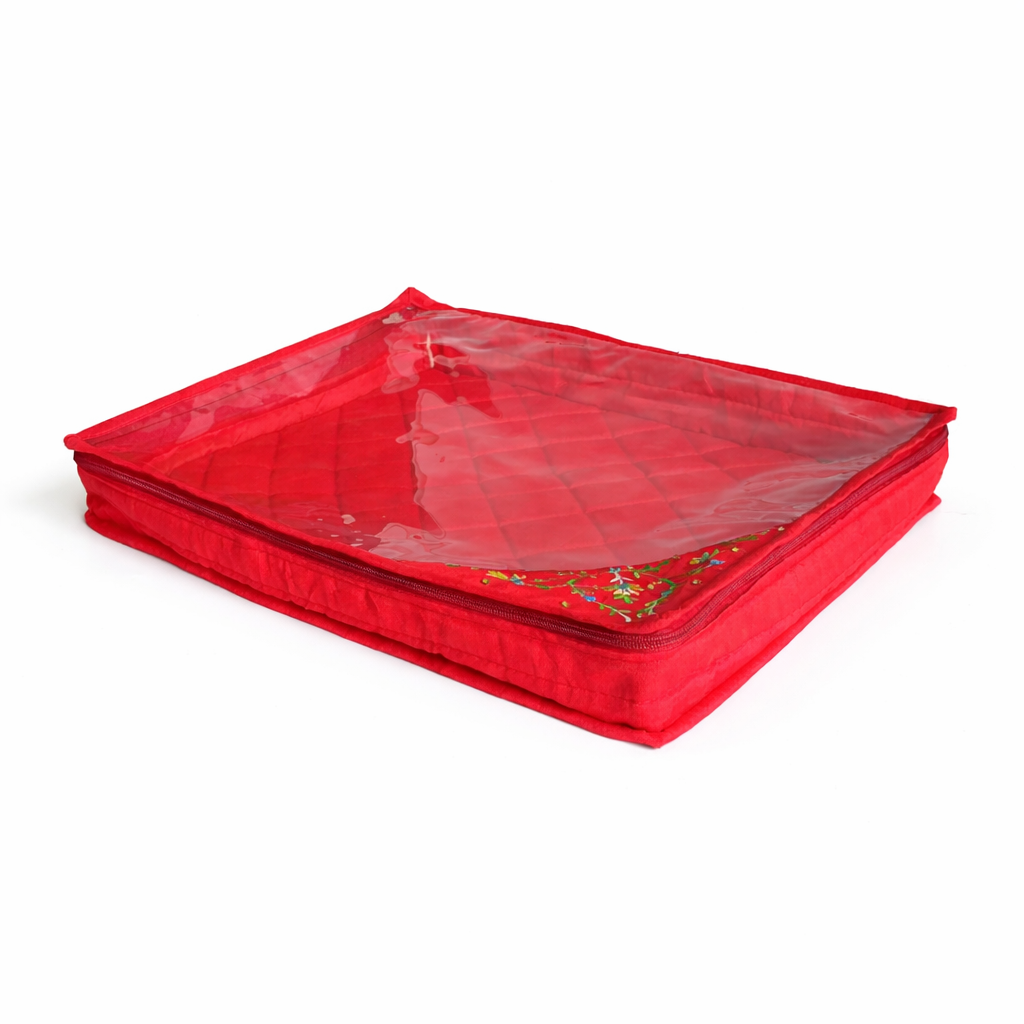 Red Embroidered Saree Cover with Zip & Transparent Window | Premium Saree Storage Organiser