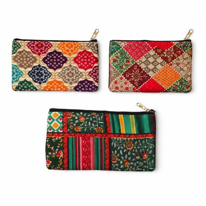 3 Pcs Multi Colour Printed Jute Pouch with Dual Zipper | Eco-Friendly Hand Pouch