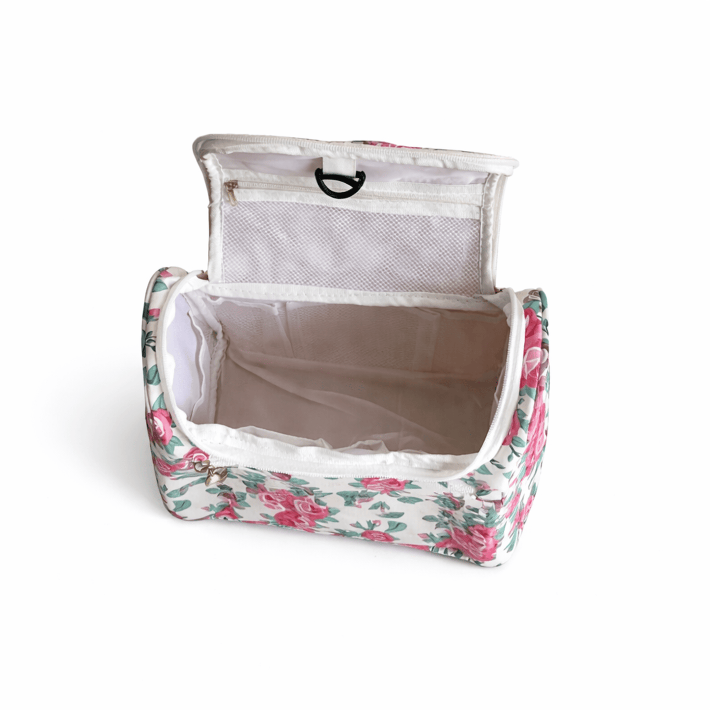 White Floral Print Cosmetic Makeup Organiser Toiletry Bag | Travel Makeup Storage Bag with Handle