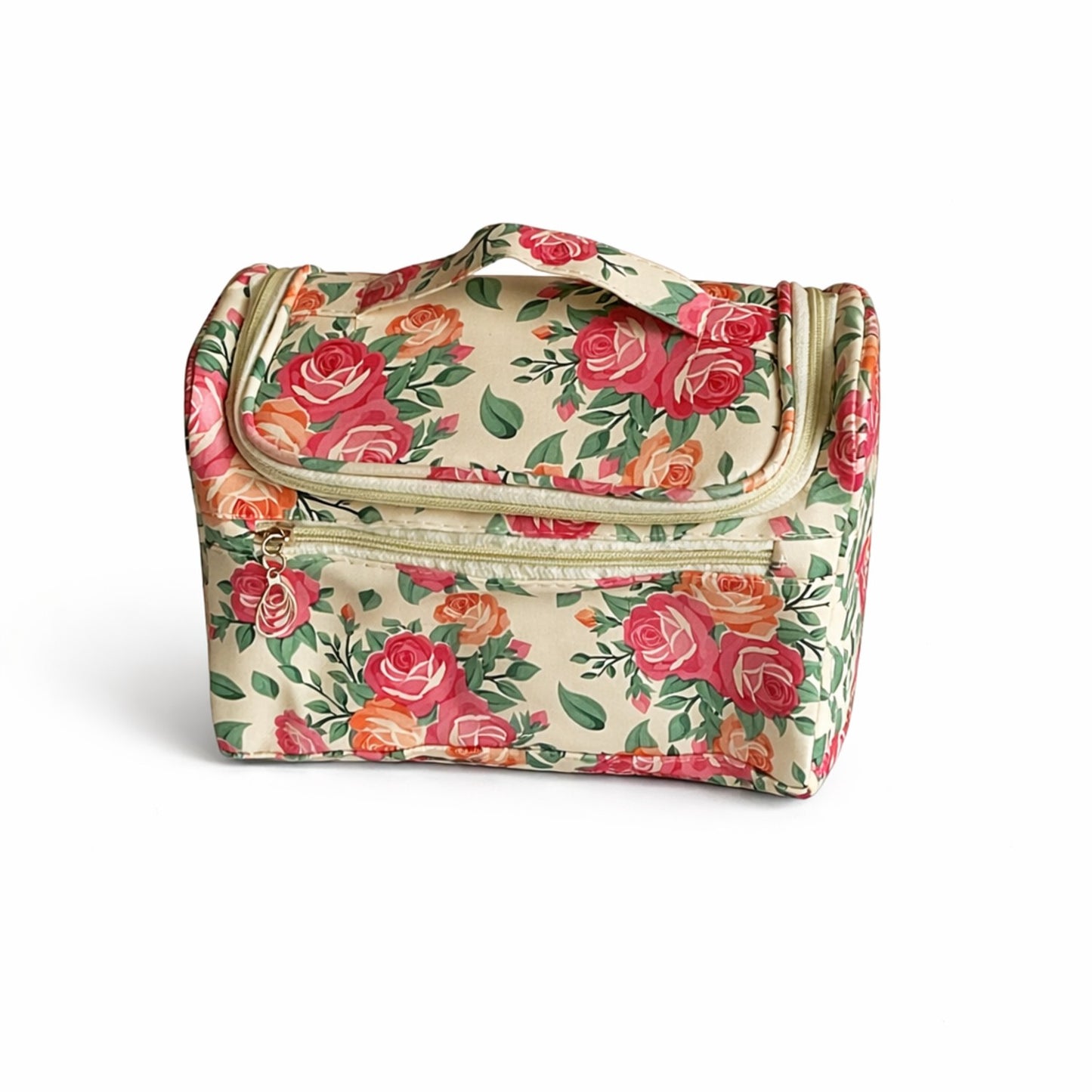 Yellow Floral Print Cosmetic Makeup Organiser Toiletry Bag | Travel Makeup Storage Bag with Handle