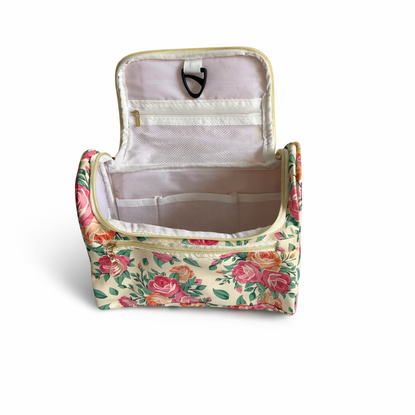 Yellow Floral Print Cosmetic Makeup Organiser Toiletry Bag | Travel Makeup Storage Bag with Handle